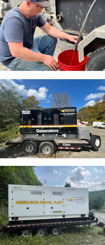 A person fills a red bucket from a tap. Two trailers with large generator units are parked in outdoor settings.