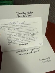 A thank you card from a customer to Brook Field Service Generators.