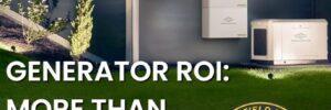 Blog promotion image for the article "Generator ROI: How Your Investment Pays for Itself (Beyond Power)," containing a scene of a generaator installation and Briggs and Stratton Automatic Transfer switch.
