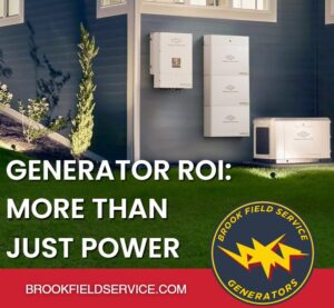 Blog promotion image for the article "Generator ROI: How Your Investment Pays for Itself (Beyond Power)," containing a scene of a generaator installation and Briggs and Stratton Automatic Transfer switch.