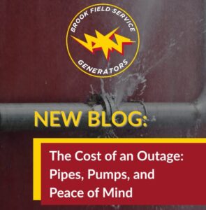 Blog Promotion image for the blog article: The Cost of an Outage: Pipes, Pumps and Peace of Mind by Brook Field Service. Image contains view of water pipe bursting and leaking water.