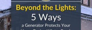 Blog Promotion photo for the article, "Beyond the Lights: Five Ways a Generator Protects Your Home During Winter Break," with a picture of a house in a winter town setting, with a generator along the side of it, with the Brook Field Service Generators logo