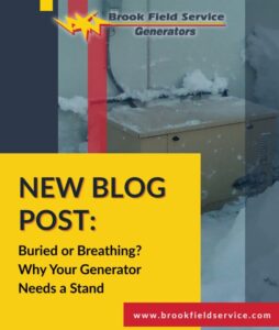 Blog Promotion image for the article, Buried or Breathing? Why Your Generator Needs a Snow Stand. Image is picture of a generator installed on ground surface, surrounded with snow.