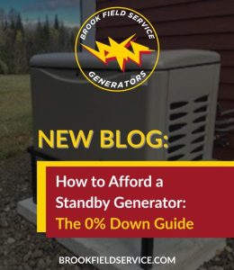Blog promotion image for the article, "How to Afford a Standby Generator: The 0% Down Guide," containing an image of a generator installed outside of a home by Brook Field Service.