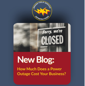 Blog promo image for the article, "Business Continuity: Why Your Shop Needs Backup Power" with picture of business storefront with 'Sorry, we're closed' sign.