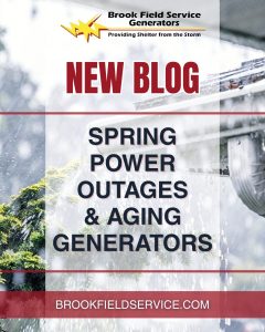 Blog Promotion Image for the Article, "Spring Power Outages & Aging Generators," with a picture of heavy rain running of a roof, flooding a rain gutter, surrounded by Brook Field Service Generators branding colors.