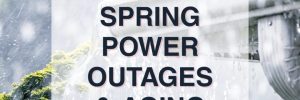 Blog Promotion Image for the Article, "Spring Power Outages & Aging Generators," with a picture of heavy rain running of a roof, flooding a rain gutter, surrounded by Brook Field Service Generators branding colors.