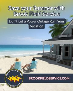An image of a couple relaxing on a beach on chairs in the sand, with their house close to them. Image is branded with Brook Field Service colors.