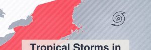 Image of the New England States map outline, with storm icons off the East coast with the blog title, "Tropical Storms in New England: Essential Prep for Homeowners" by Brook Field Service.