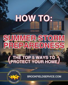 Blog Promotion graphic for the blog: "Summer Storm Preparedness: Top 5 Ways to Protect Your Home," containing a picture of a well-lit house on a summer rainy day, branded with Brook Field Service colors.
