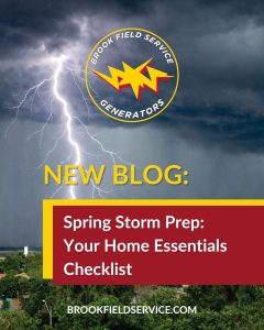 Blog promotion image for the article, "Spring Storm Prep: Your Essential Home Checklist." Image contains a lightning bolt striking out of dark clouds into a residential area, with Brook Field Service Brand colors overlay.