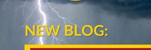Blog promotion image for the article, "Spring Storm Prep: Your Essential Home Checklist." Image contains a lightning bolt striking out of dark clouds into a residential area, with Brook Field Service Brand colors overlay.