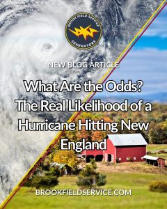 Blog promotional image of a split screen of a spatial photo of a hurricane over Earth and a Vermont summer farmland scene, for the article, "What Are the Odds? The Real Likelihood of a Hurricane Hitting New England" by Brook Field Service.