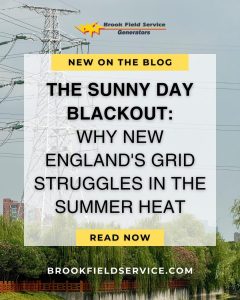 Blog promotional image of a power line over a Vermont setting on a sunny day for the article, "The Sunny Day Blackout: Why New England's Grid Struggles in the Summer Heat." Surrounded by Brook Field Service branding colors.