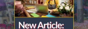 Promotional graphic from Brook Field Service for a new B2B article titled "Protecting Your Peak Season: Why Local Businesses Need Backup Power." The image features a smiling female business owner working on a laptop inside a brightly lit retail flower shop.